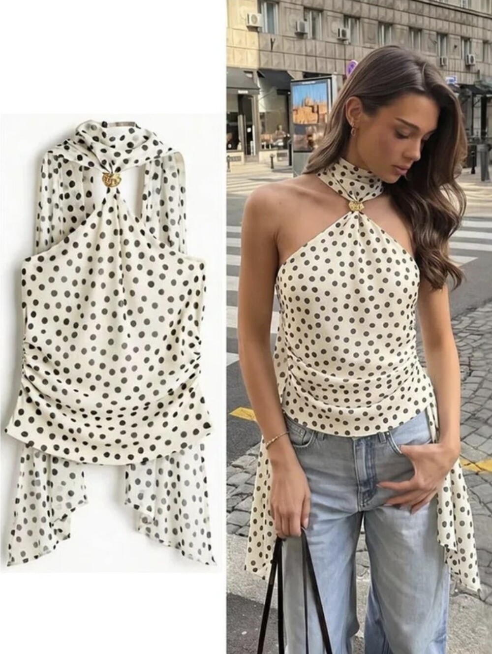 H&M Polka Dot Halter Top in Cream and Black Size L